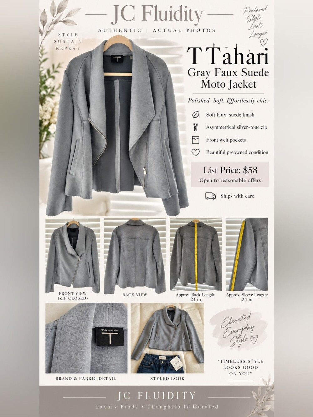 Tahari Light Gray/Blue Faux-Suede Moto Jacket